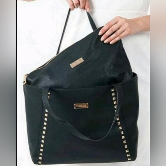 BEBE Textured Black Leather Insert Makeup Bag Rosegold Hardware - Picture 2 of 15